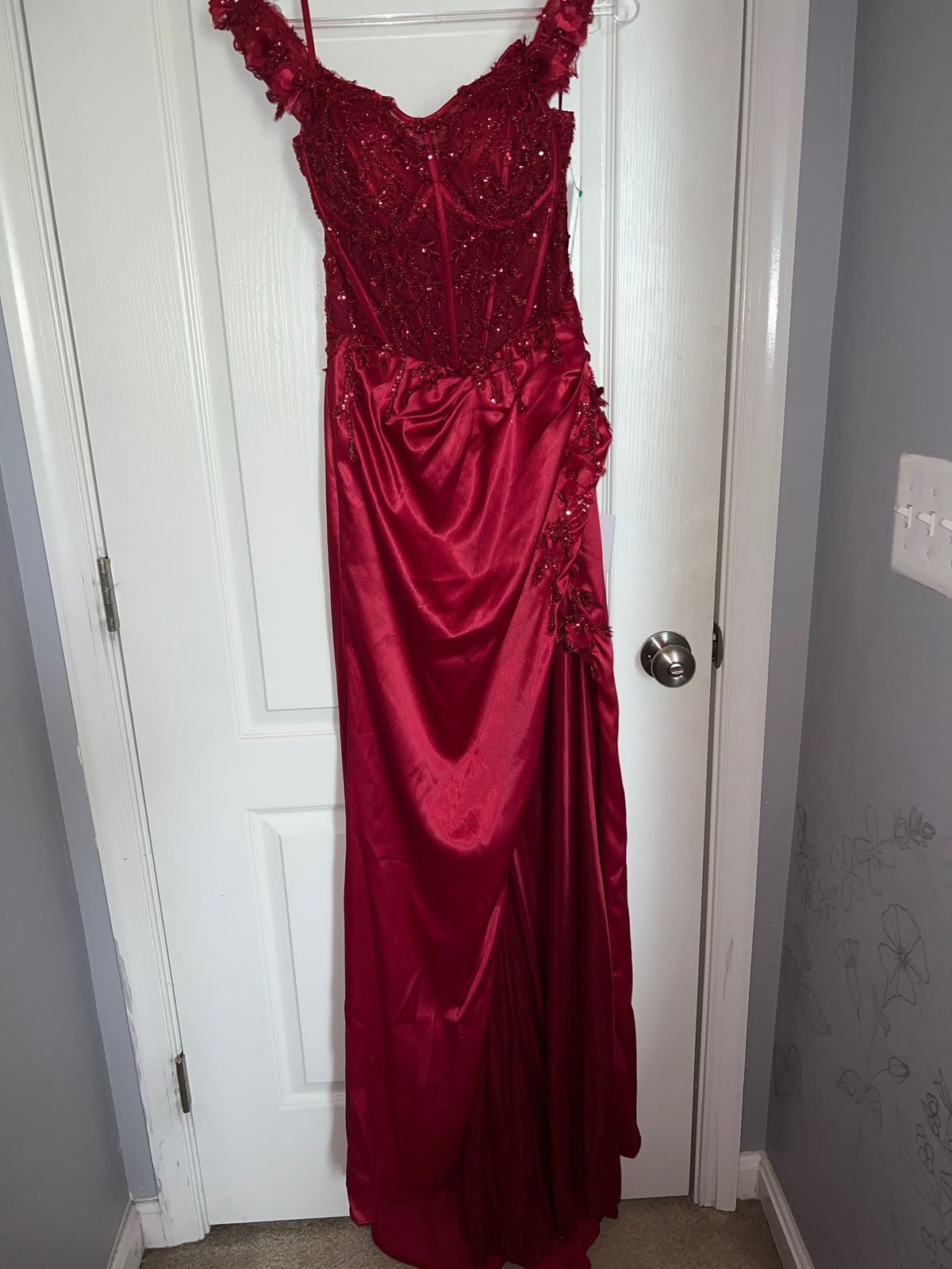 Cinderella Divine Size 8 Prom Off The Shoulder Lace Burgundy Red Side Slit Dress on Queenly
