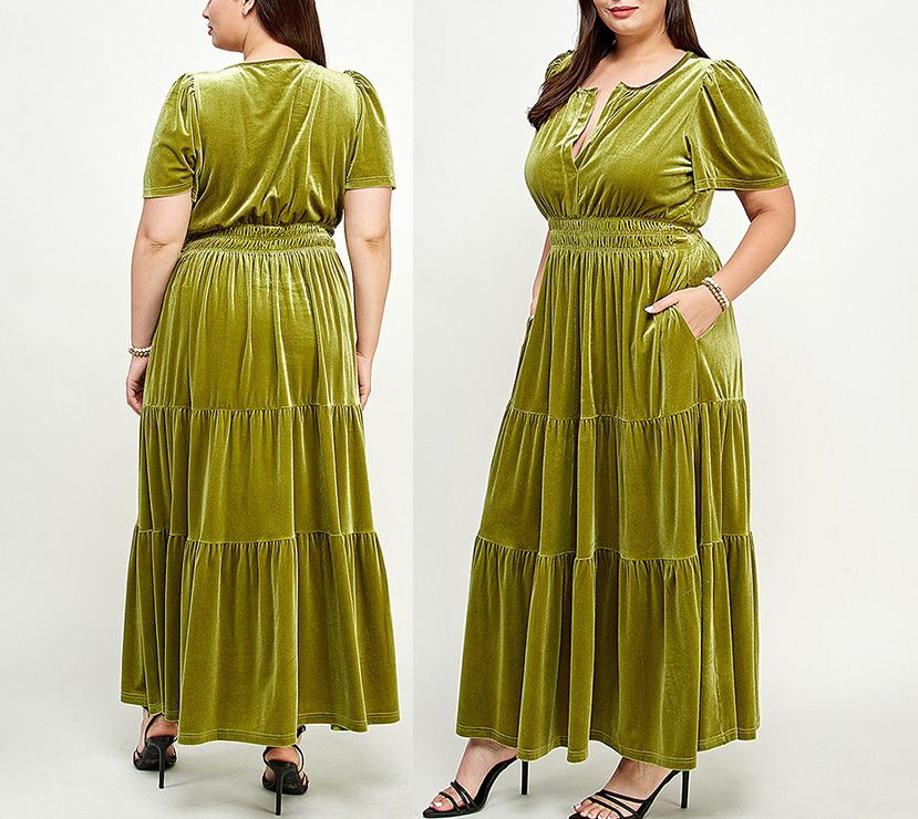 Style Chartreuse Green Boho Velvet Short Sleeve Tiered A-line Maxi Dress Plus Size 16 Bridesmaid Cap Sleeve Velvet Lime Green A-line Dress on Queenly