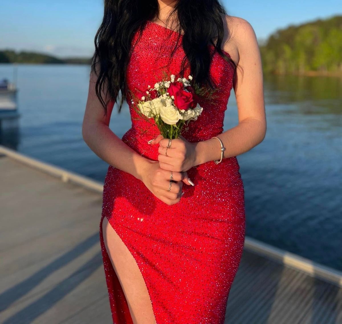 Style 54401 Sherri Hill Size 6 Prom One Shoulder Red Side Slit Dress on Queenly