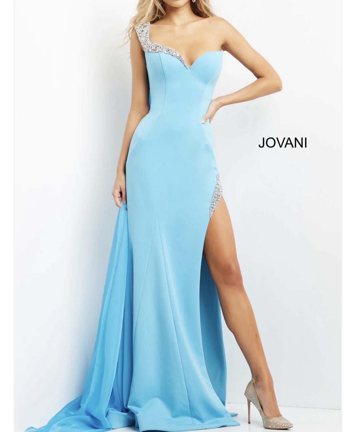 Jovani Size 0 Prom One Shoulder Sequined Blue A-line Dress on Queenly