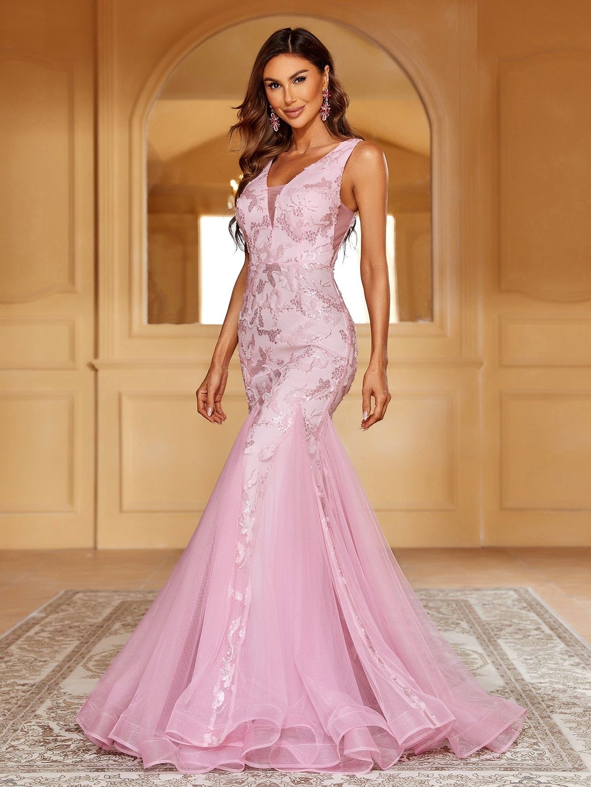 Style LAWD8007 Faeriesty Size XL Nightclub Plunge Sheer Pink Mermaid Dress on Queenly