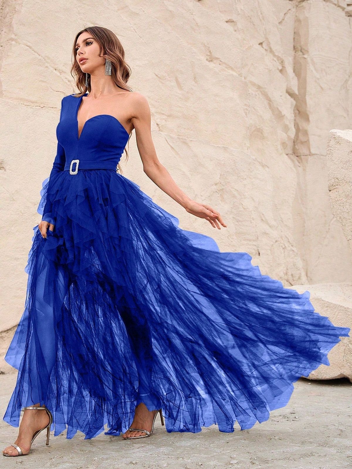 Style FSWD1313 Faeriesty Size XS One Shoulder Sheer Royal Blue Floor Length Maxi on Queenly