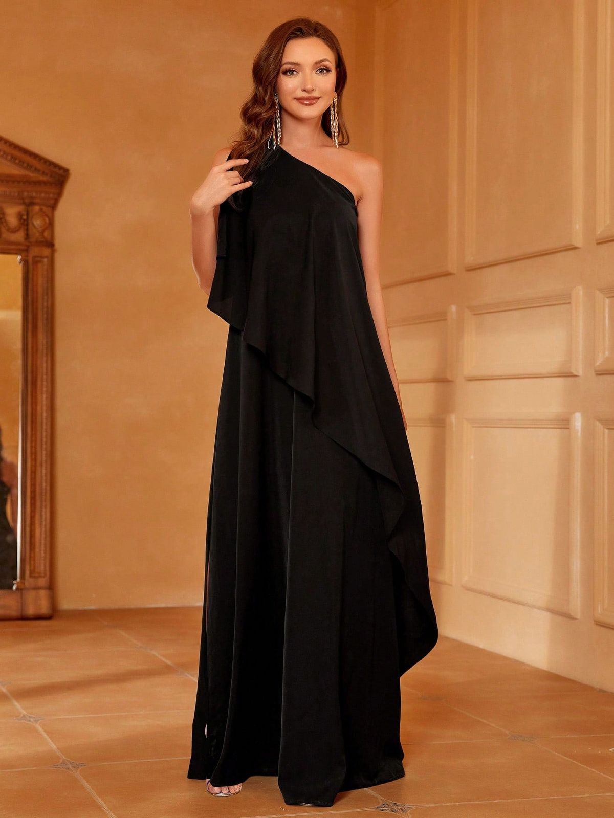 Style FSWD1144 Faeriesty Size M One Shoulder Black Floor Length Maxi on Queenly