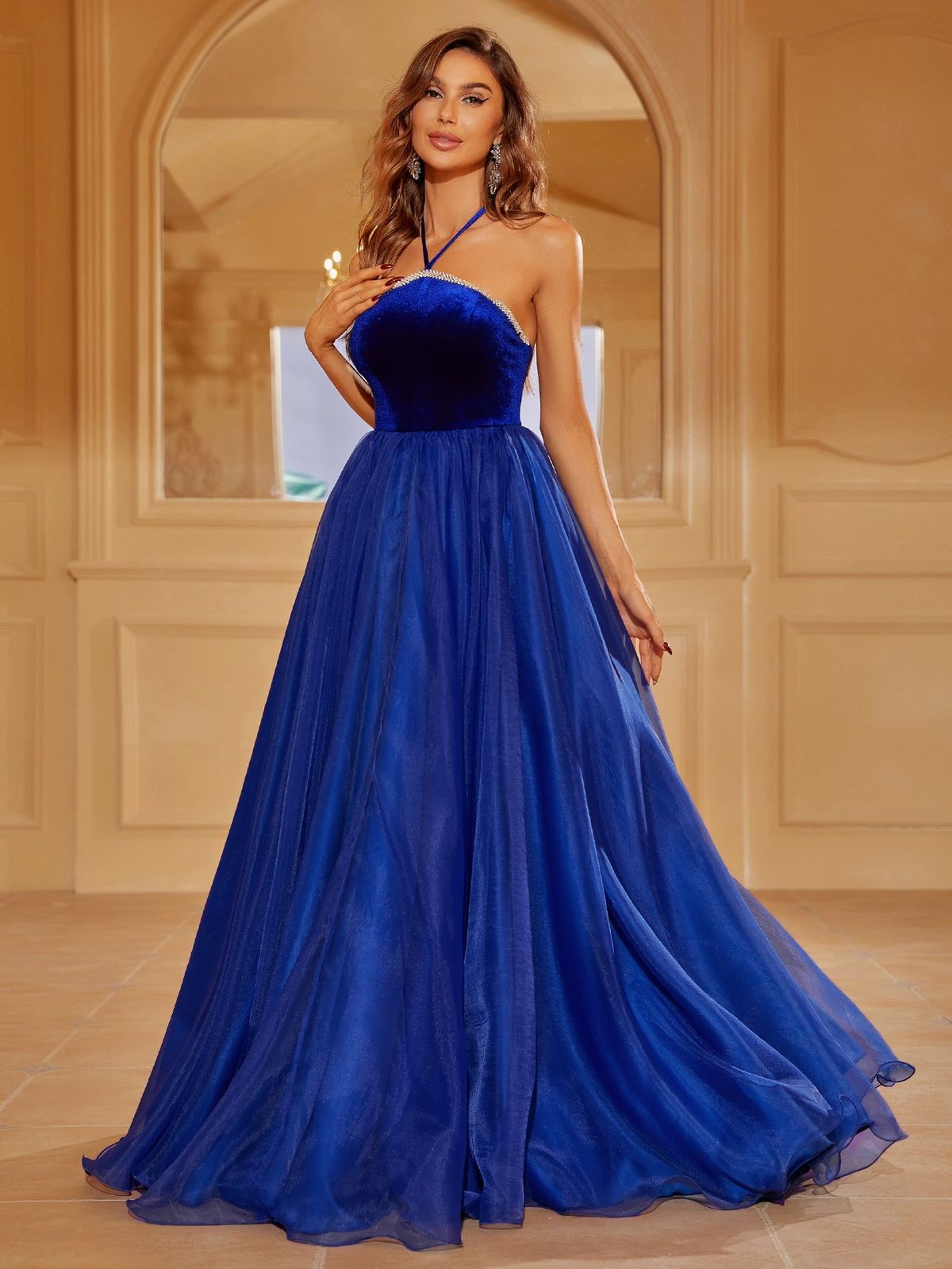 Style LAWD8056 Faeriesty Size XS Halter Velvet Royal Blue Floor Length Maxi on Queenly
