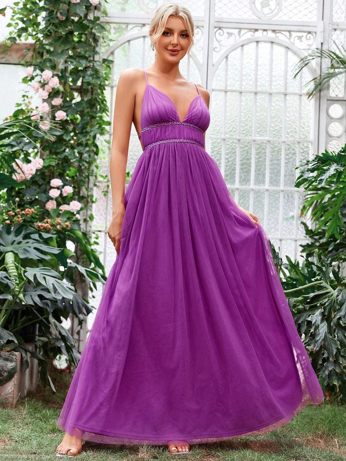 Style FSWD1562 Faeriesty Size XS Plunge Sheer Purple Floor Length Maxi on Queenly
