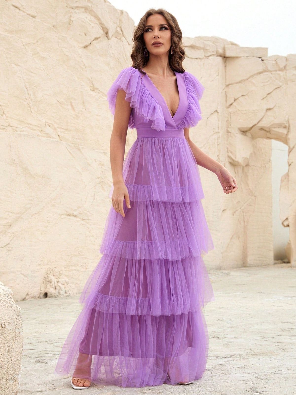 Style FSWD1316 Faeriesty Size XS Plunge Sheer Purple A-line Dress on Queenly