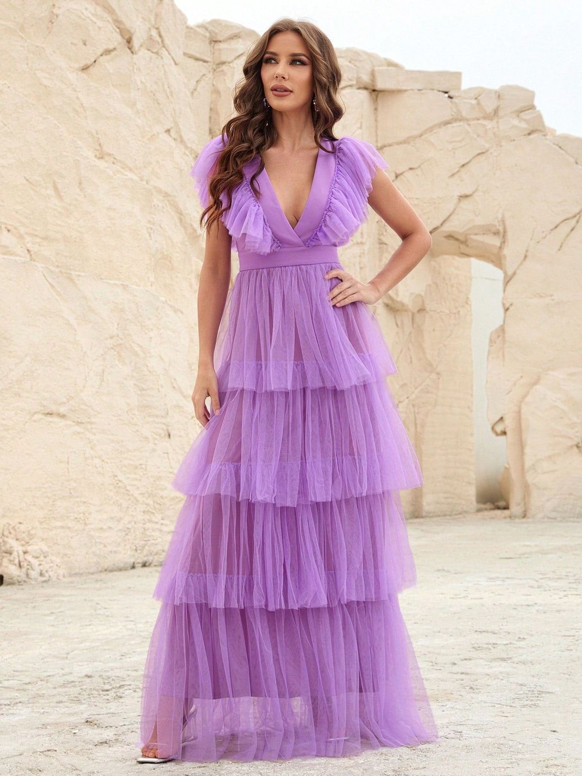 Style FSWD1316 Faeriesty Size XS Plunge Sheer Purple A-line Dress on Queenly