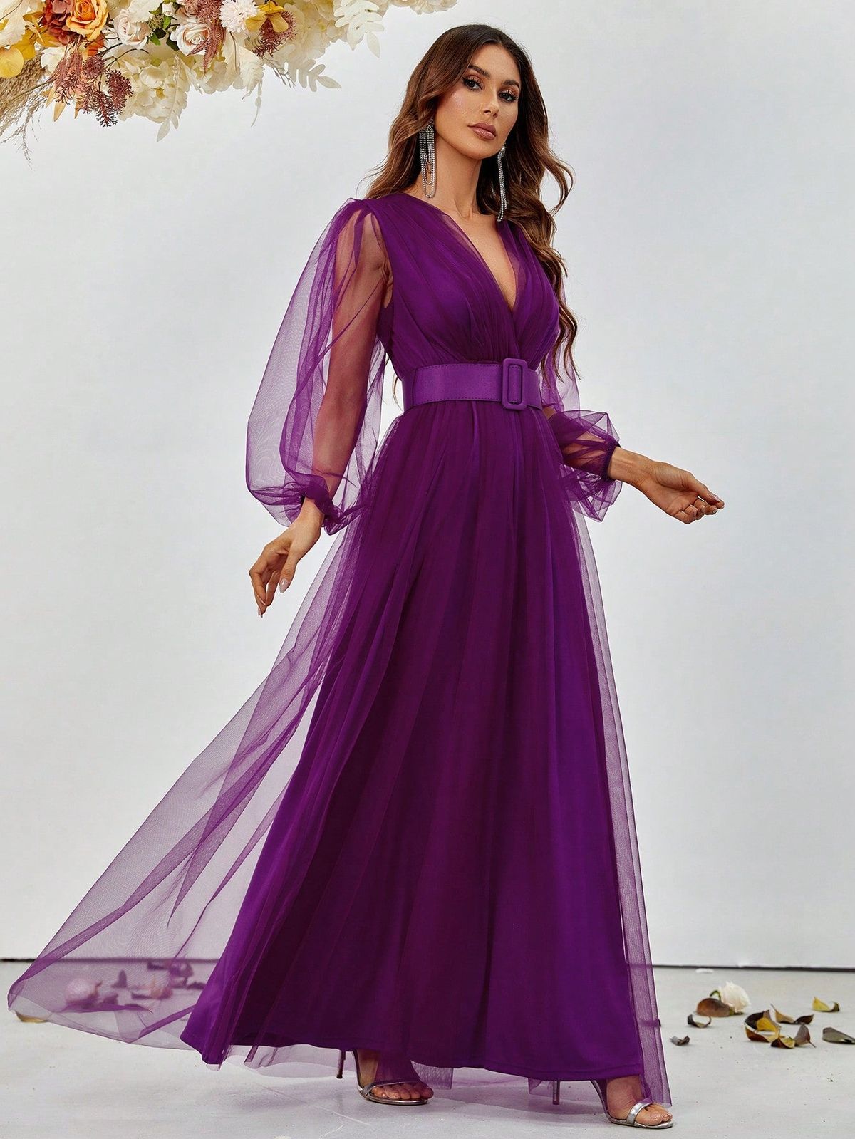 Style FSWD8062 Faeriesty Size XS Plunge Sheer Purple Floor Length Maxi on Queenly
