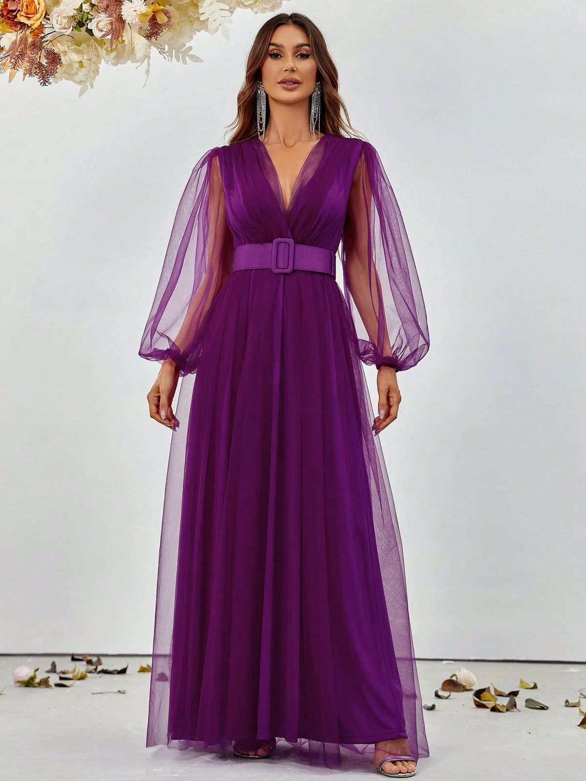 Style FSWD8062 Faeriesty Size XS Plunge Sheer Purple Floor Length Maxi on Queenly