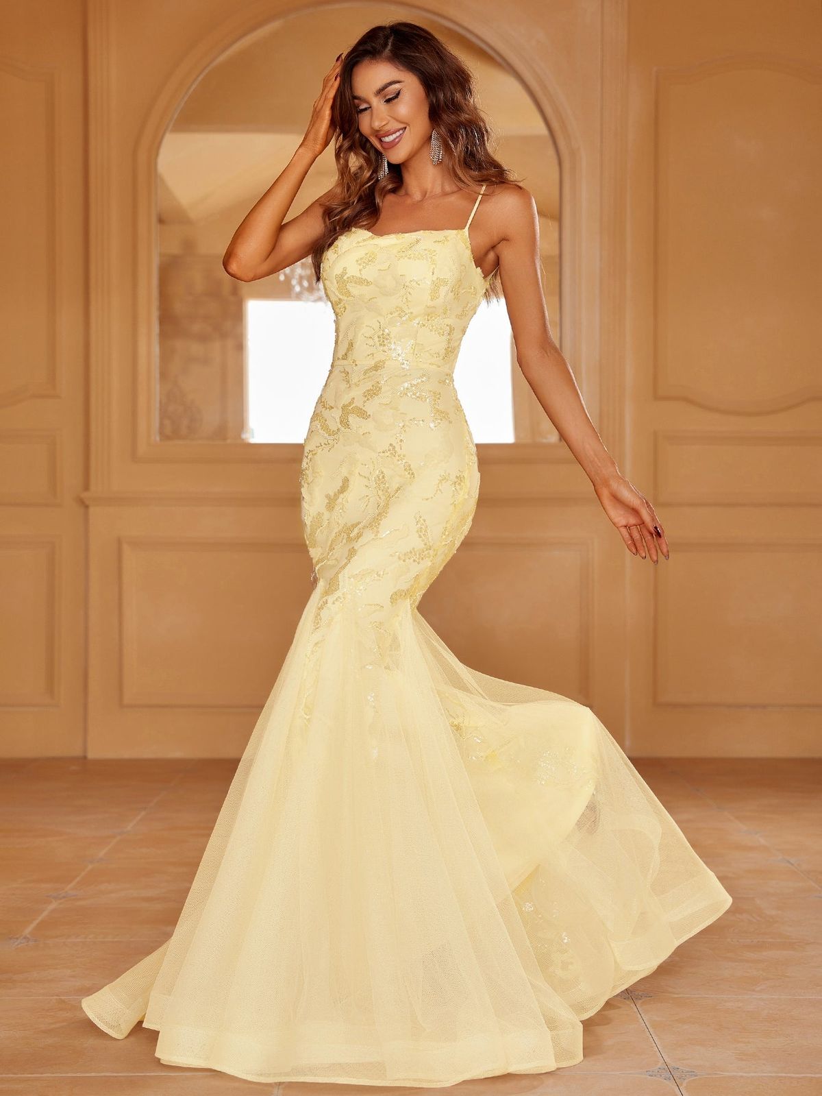 Style LAWD8042 Faeriesty Size S Sheer Yellow Mermaid Dress on Queenly