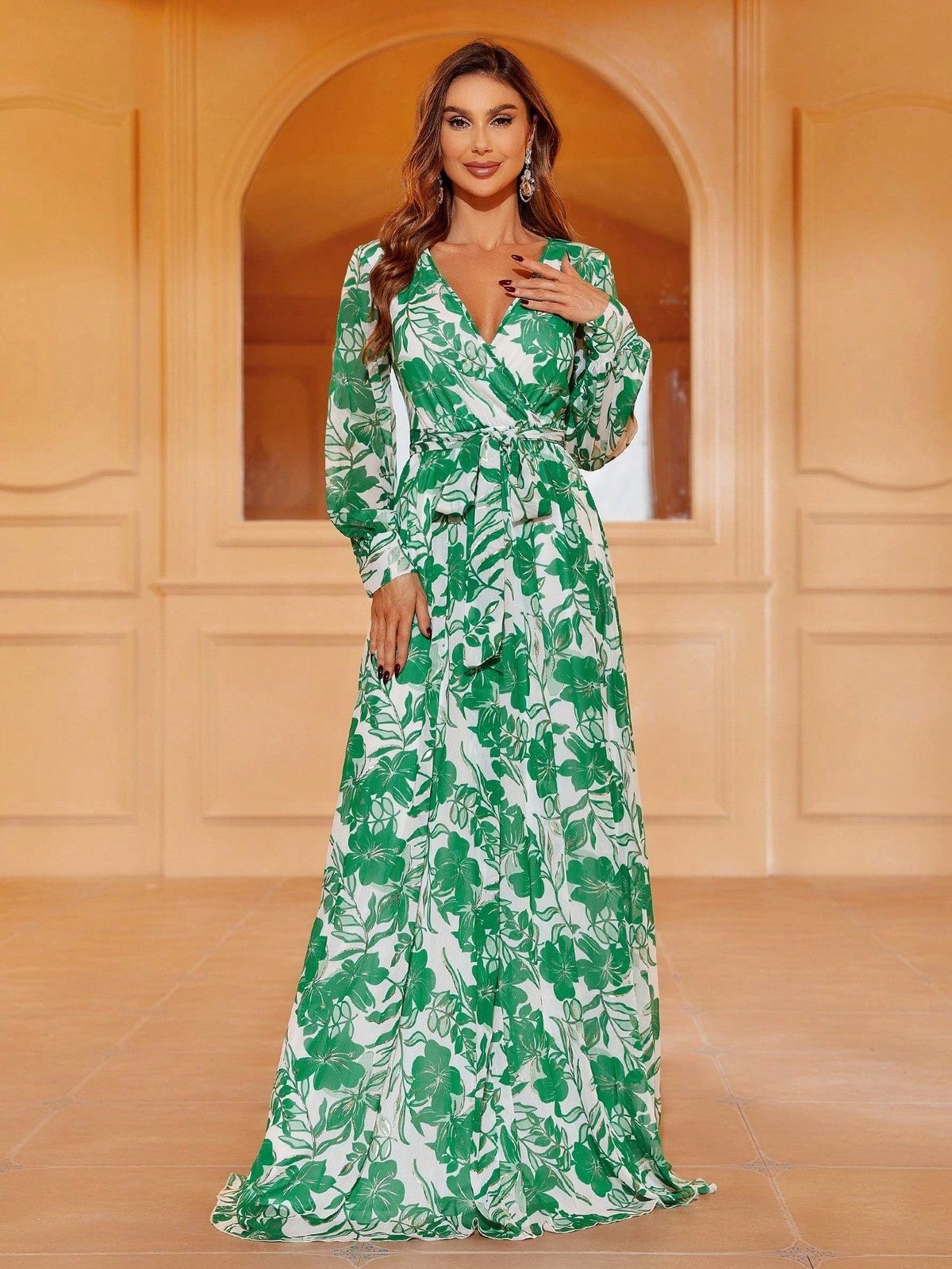 Style FSWD1660 Faeriesty Size XS Long Sleeve Floral Green Floor Length Maxi on Queenly
