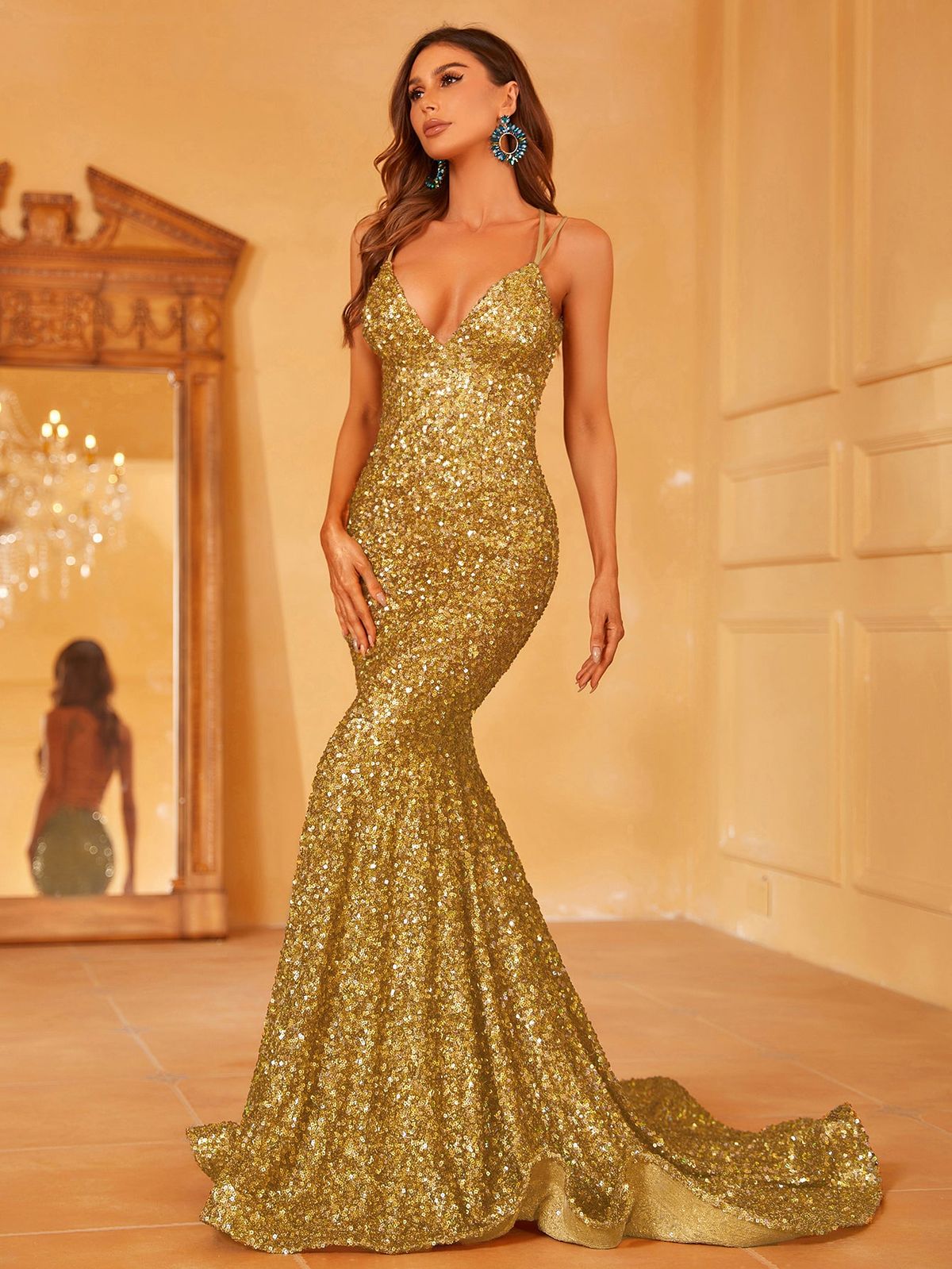 Style LAWD8017 Faeriesty Size L Gold Mermaid Dress on Queenly