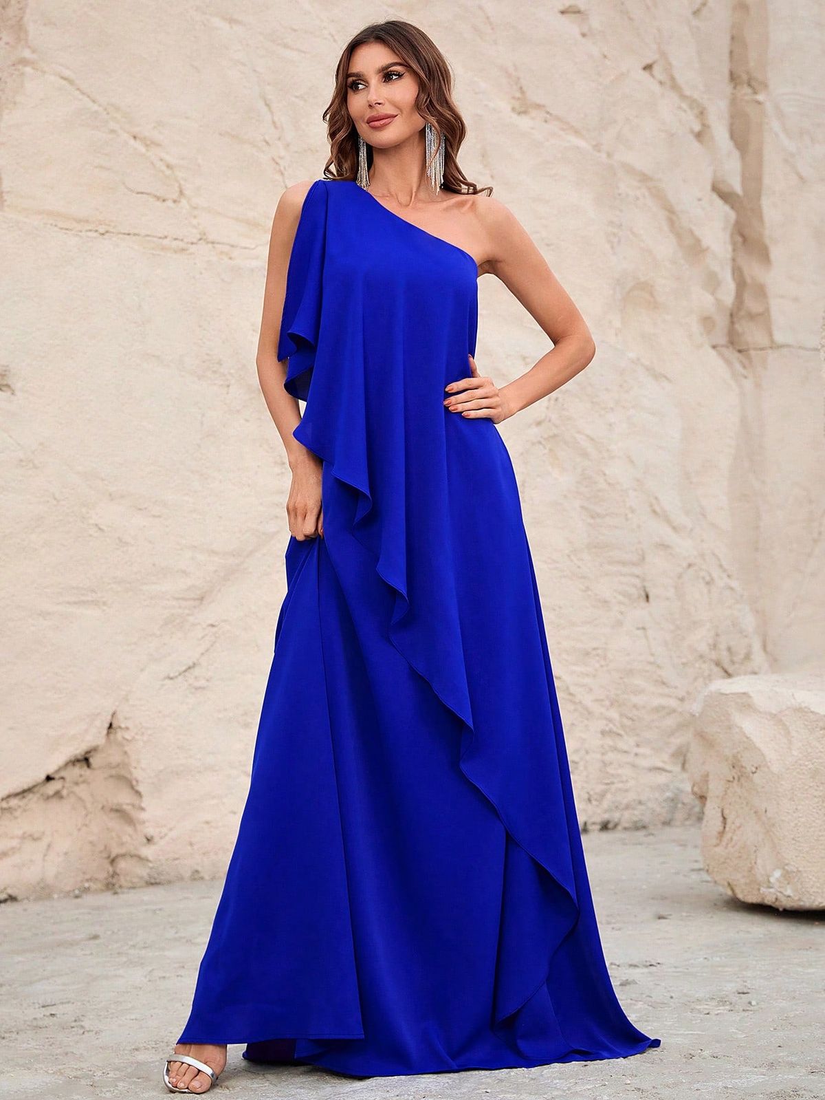 One Shoulder Blue Royal Maxi Dress For Prom