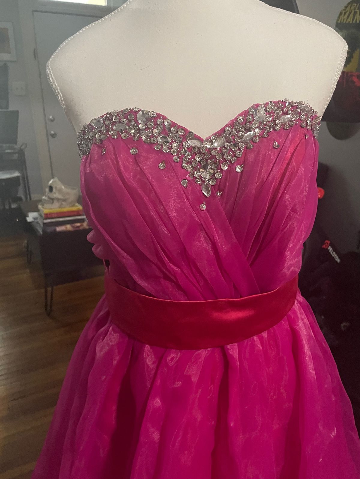 Size S Prom Strapless Sequined Hot Pink Ball Gown on Queenly