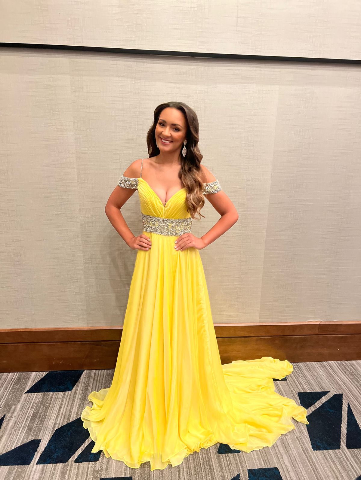 Style 5105 Rachel Allan Size 4 Prom Off The Shoulder Sequined Yellow Ball Gown on Queenly