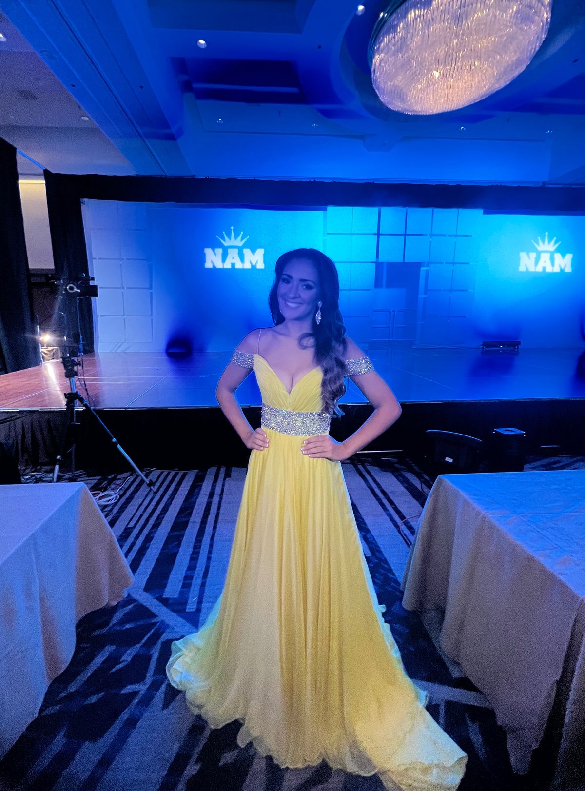 Style 5105 Rachel Allan Size 4 Prom Off The Shoulder Sequined Yellow Ball Gown on Queenly