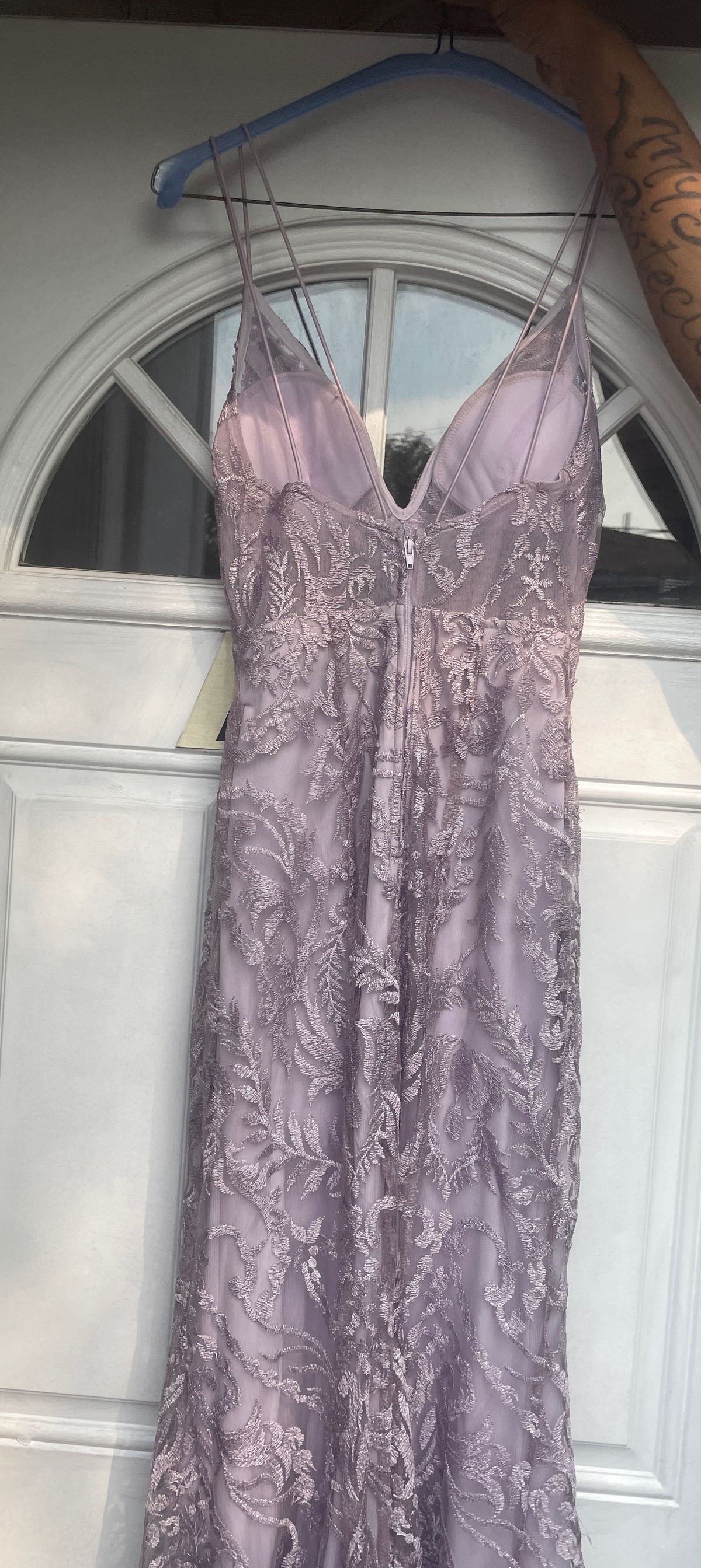 Size 0 Prom Plunge Sheer Purple Mermaid Dress on Queenly