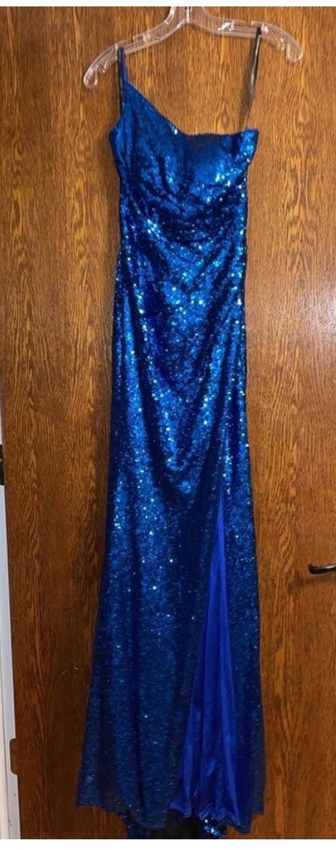 Sherri Hill Size 00 Prom One Shoulder Royal Blue Side Slit Dress on Queenly