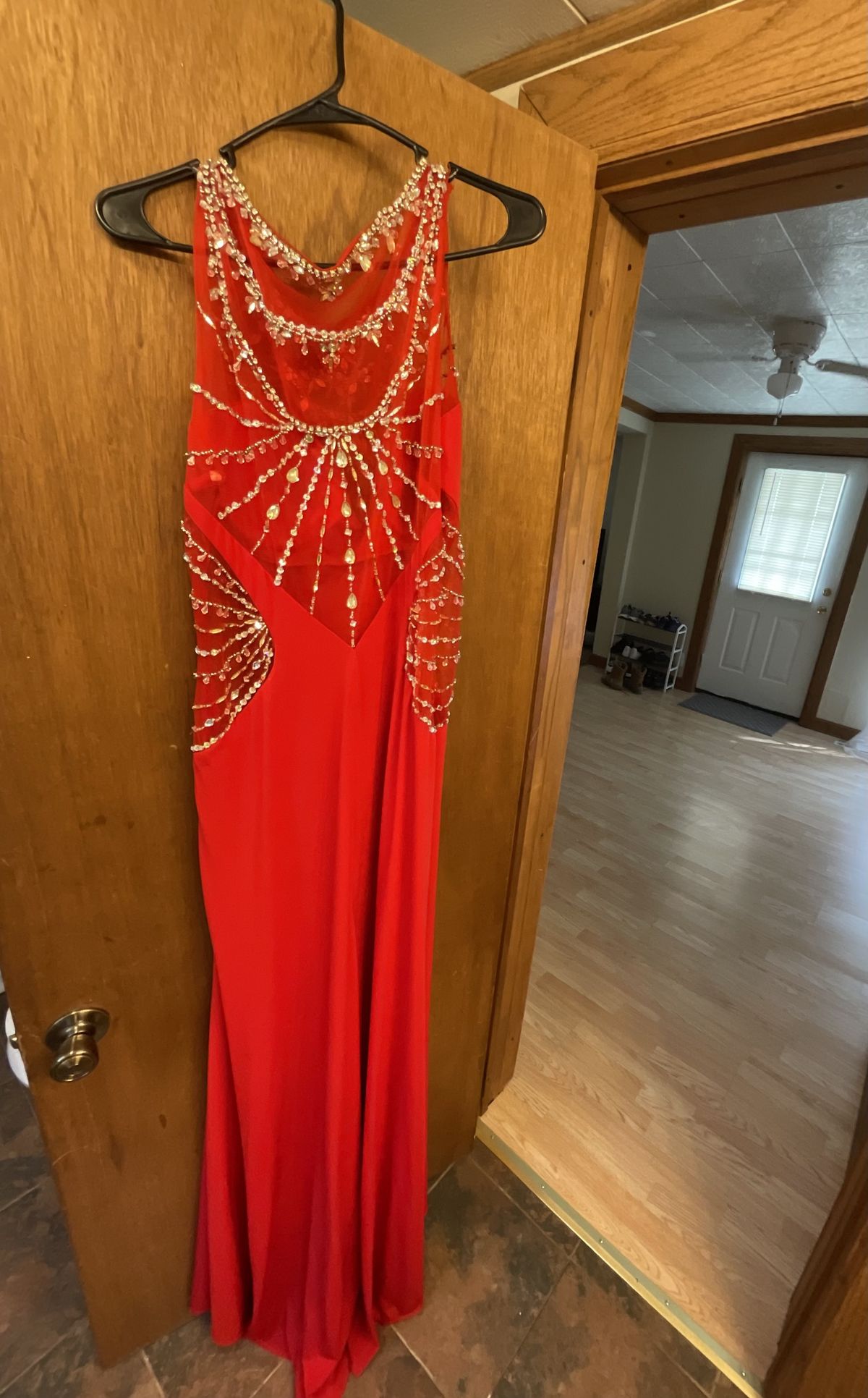 Style P10623 Precious Formals Plus Size 16 Prom Sequined Red Side Slit Dress on Queenly