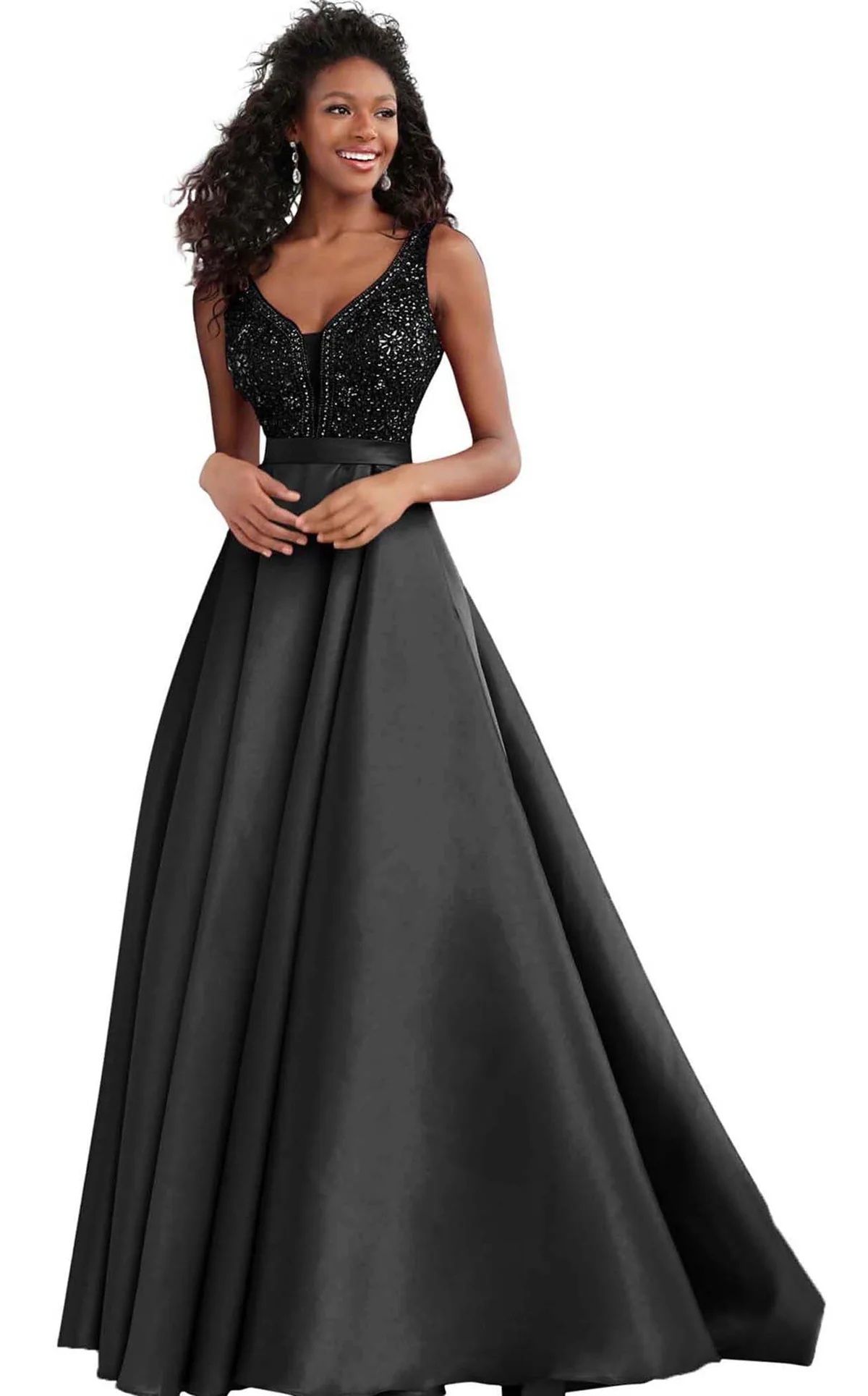 Style 67198 Jovani Size 2 Prom Plunge Sheer Black A-line Dress on Queenly