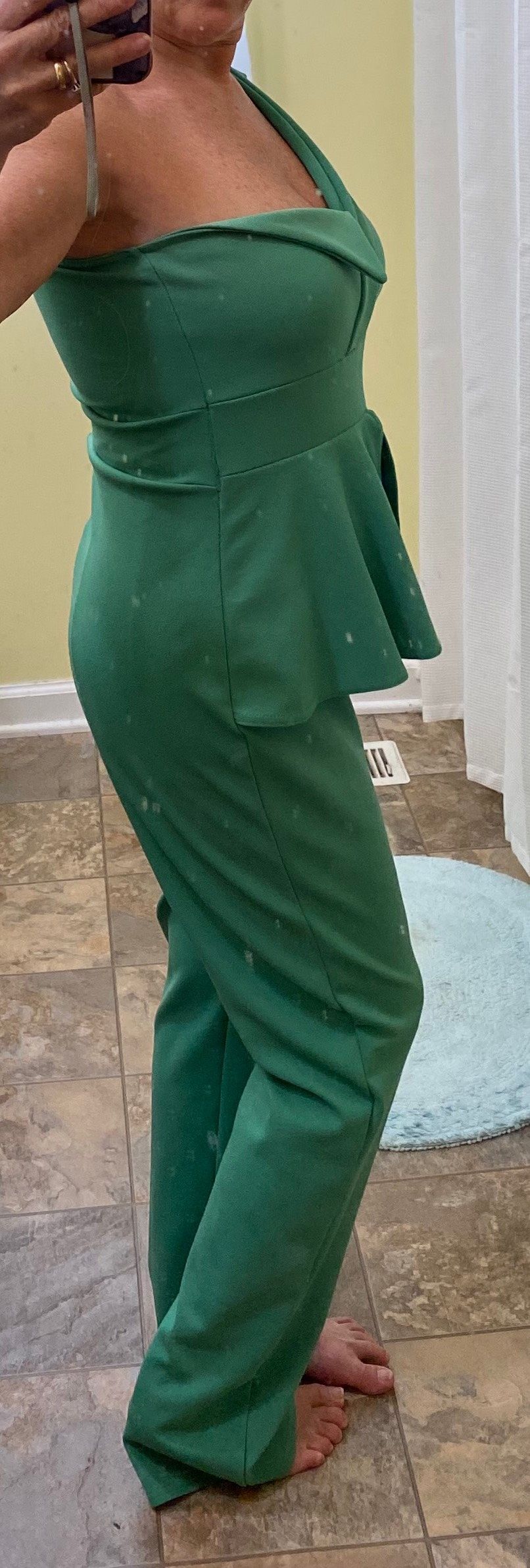 Size 6 Wedding Guest One Shoulder Green Formal Jumpsuit on Queenly
