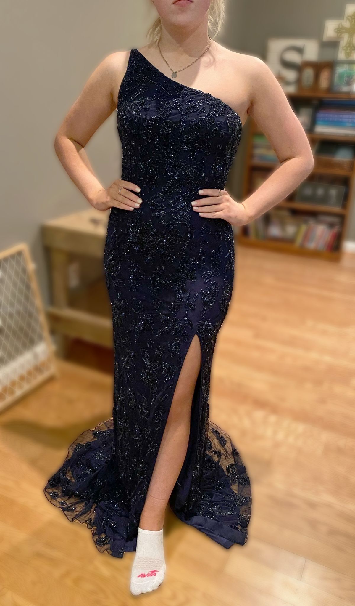 Sherri Hill Size 4 Prom One Shoulder Sequined Navy Blue Side Slit Dress on Queenly