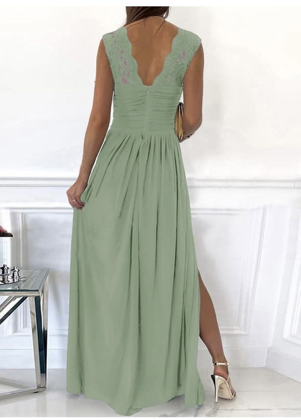 Size S Prom Plunge Lace Light Green Floor Length Maxi on Queenly