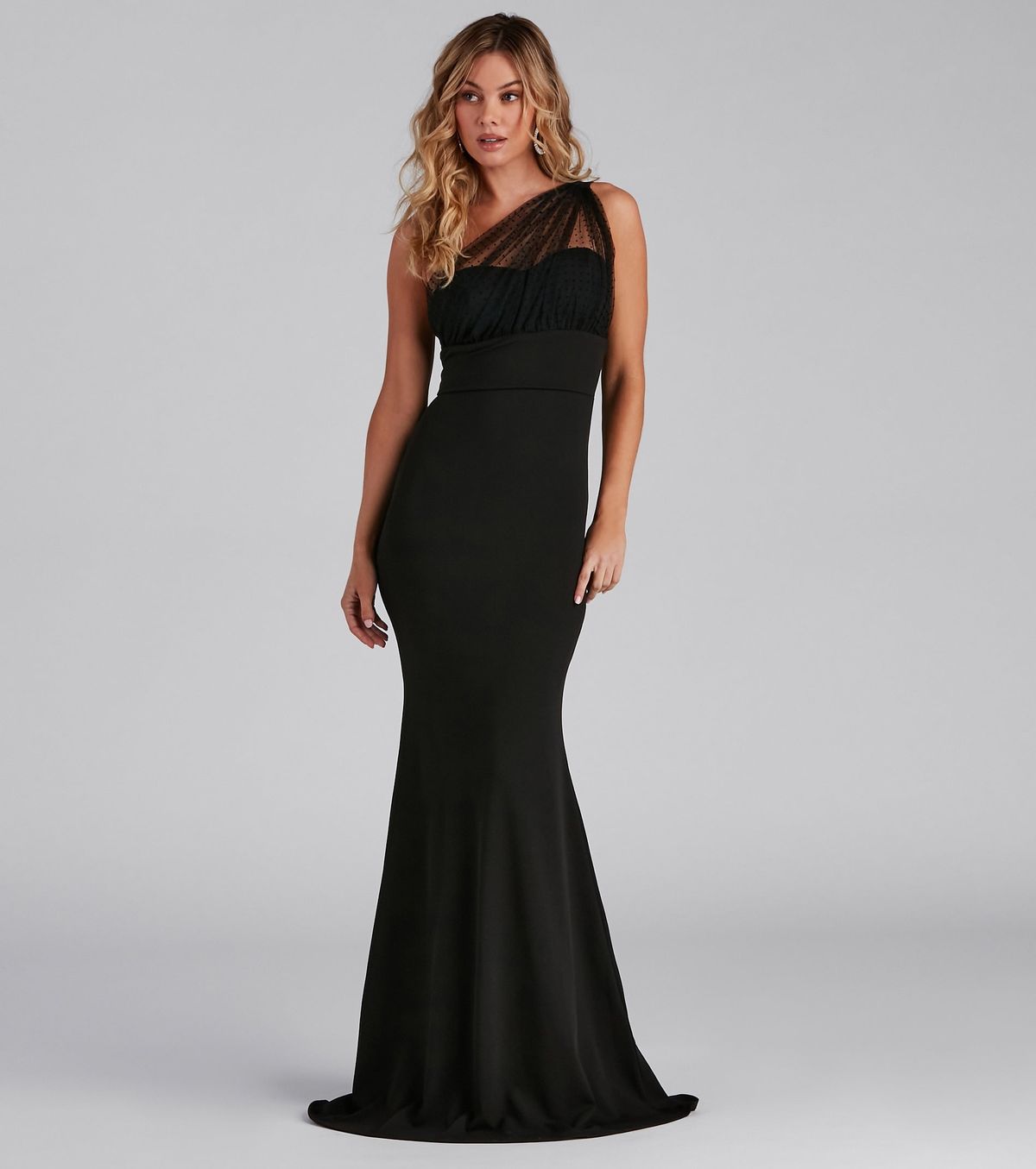 Style 05002-1164 Windsor Size L Bridesmaid One Shoulder Sheer Black Mermaid Dress on Queenly