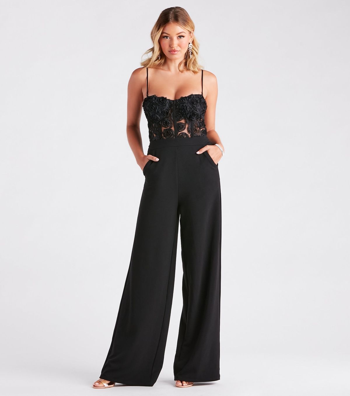 Style 06502-2327 Windsor Size L Floral Black Formal Jumpsuit on Queenly