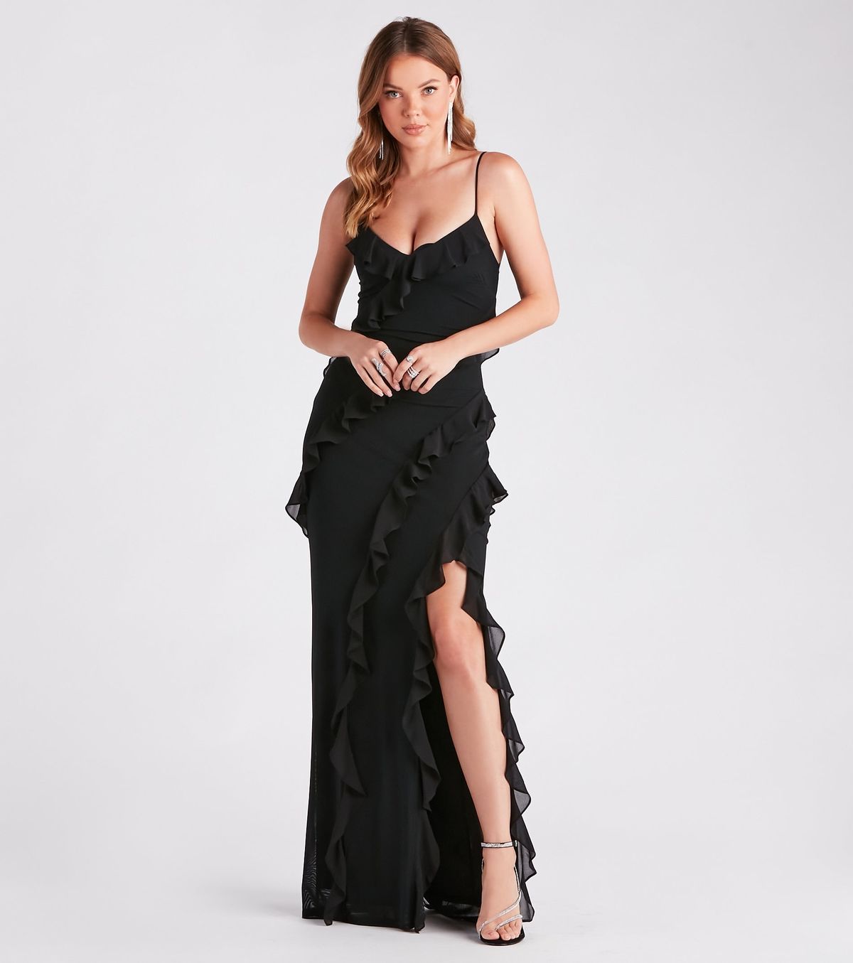 Style 05002-7586 Windsor Size L Bridesmaid Sequined Black Side Slit Dress on Queenly