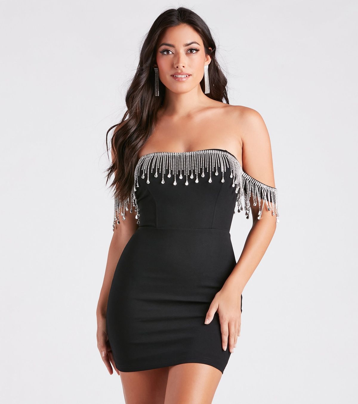 Style 05001-1590 Windsor Size S Prom Off The Shoulder Sequined Black Cocktail Dress on Queenly
