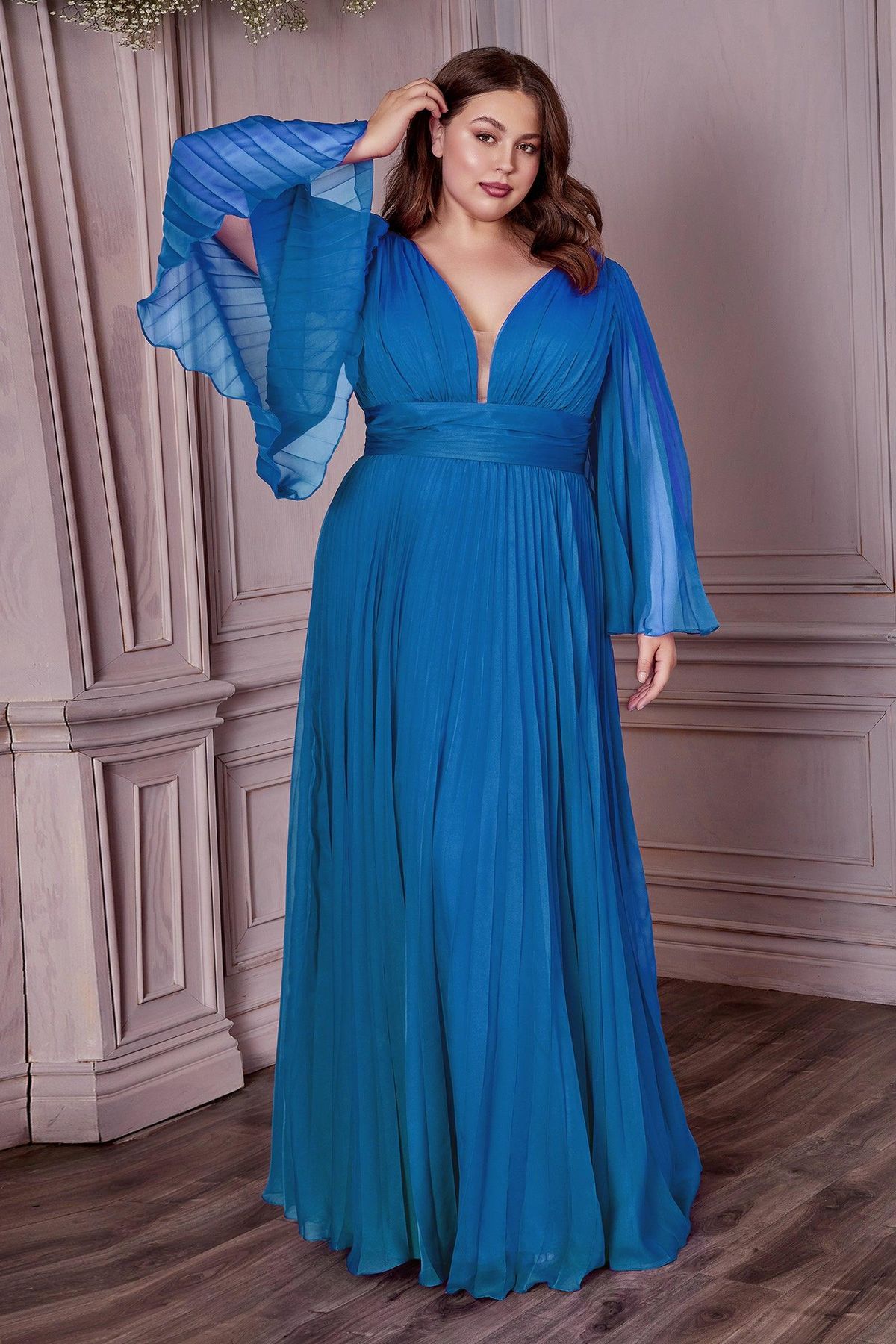 Style CD242C Cinderella Divine Plus Size 22 Long Sleeve Blue A-line Dress on Queenly