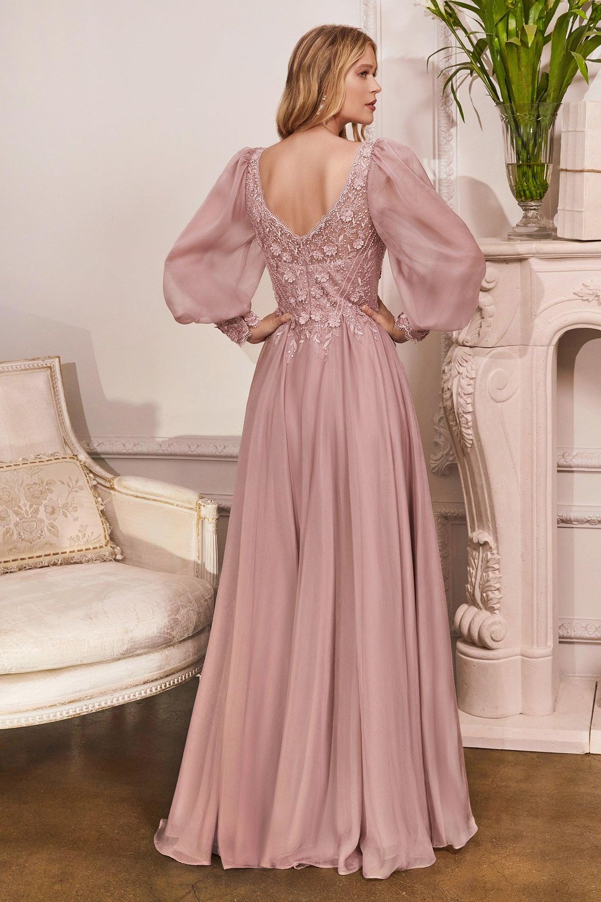 Style CD0183 Cinderella Divine Size XL Prom Long Sleeve Lace Rose Gold A-line Dress on Queenly