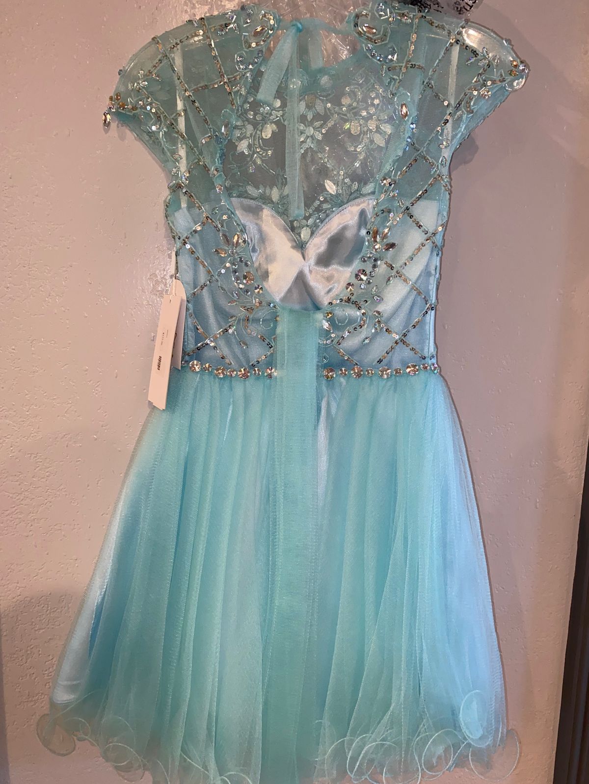 Style GS2044 GLS Collection Size XS Prom Cap Sleeve Sequined Light Blue Cocktail Dress on Queenly
