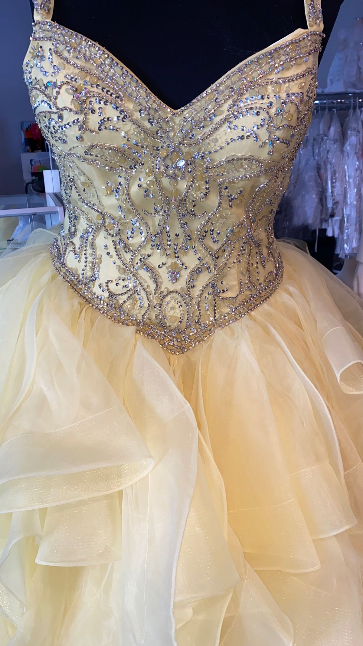 Plus Size 18 Prom Plunge Sequined Yellow Ball Gown on Queenly