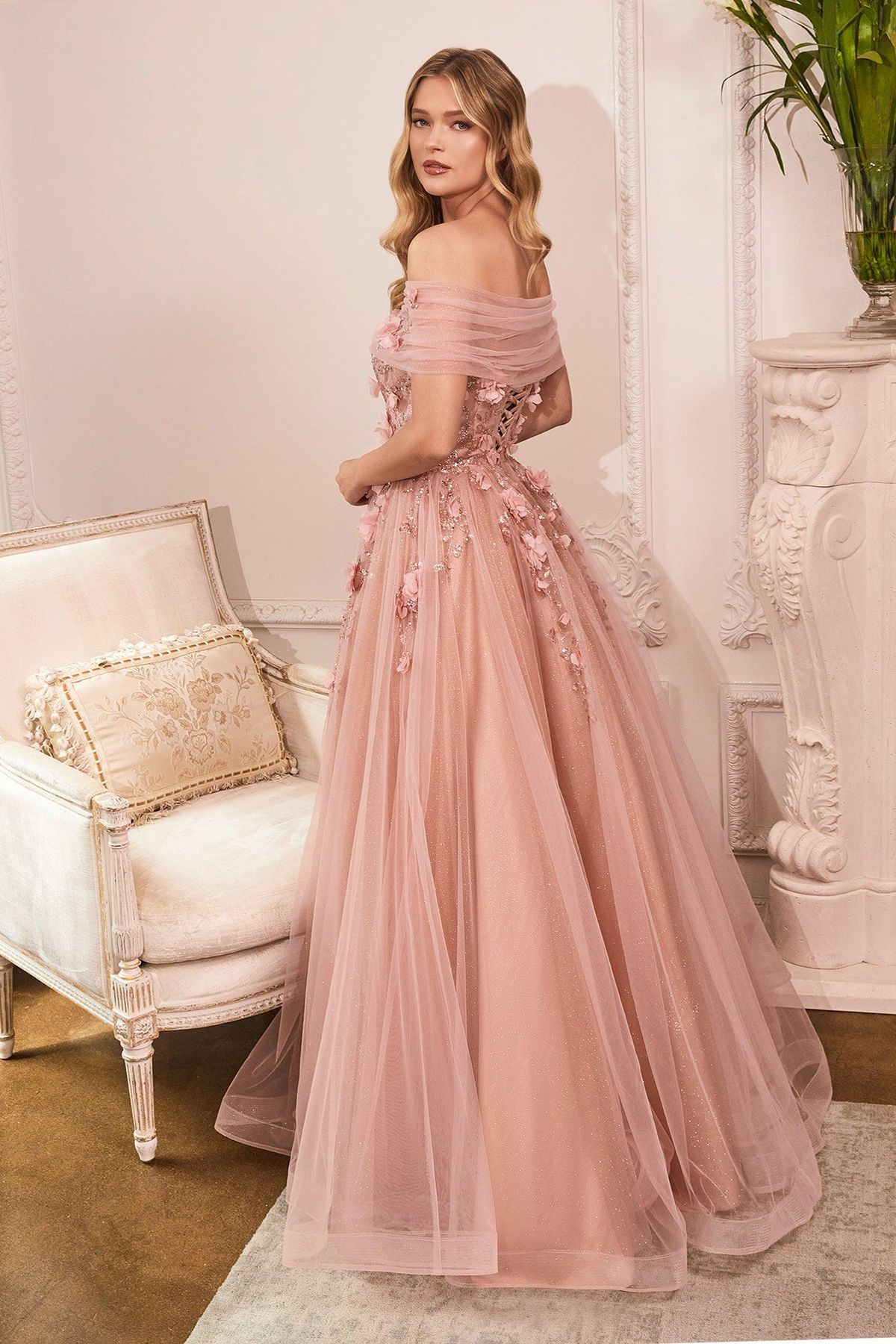 Style CD955 Cinderella Divine Plus Size 16 Prom Off The Shoulder Rose Gold A-line Dress on Queenly