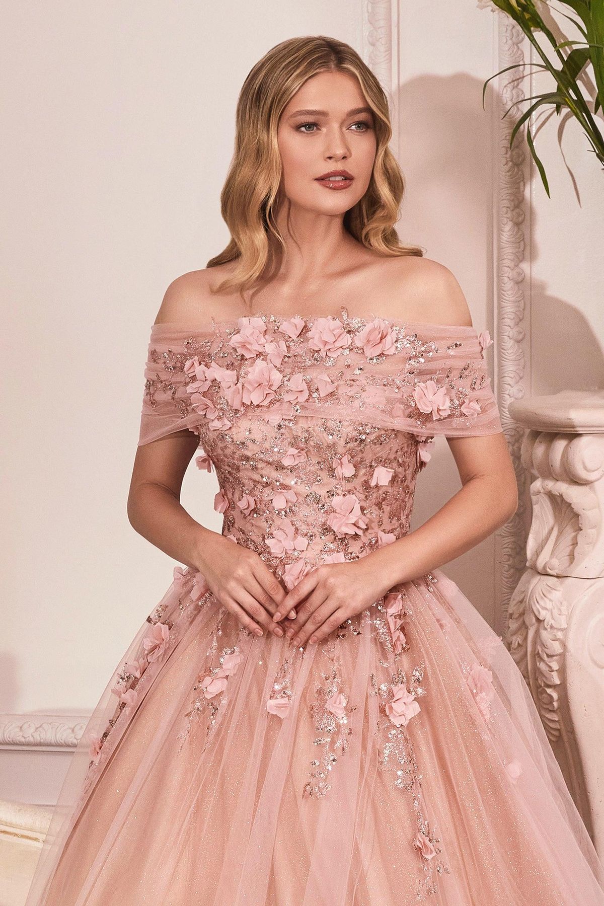 Style CD955 Cinderella Divine Size 8 Prom Off The Shoulder Rose Gold A-line Dress on Queenly