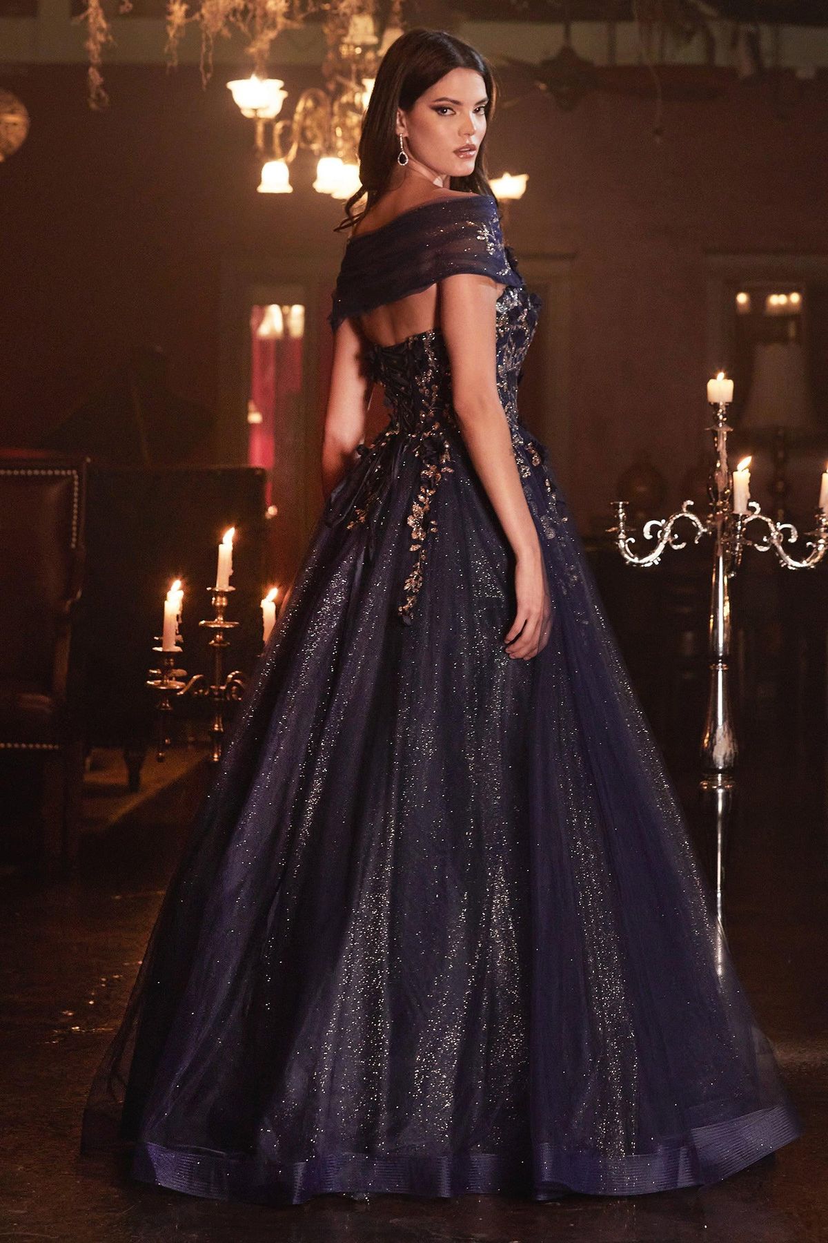 Style CD955 Cinderella Divine Plus Size 16 Prom Off The Shoulder Navy Blue A-line Dress on Queenly