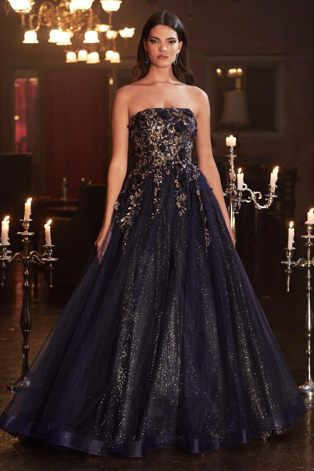 Style CD955 Cinderella Divine Size 8 Prom Off The Shoulder Navy Blue A-line Dress on Queenly