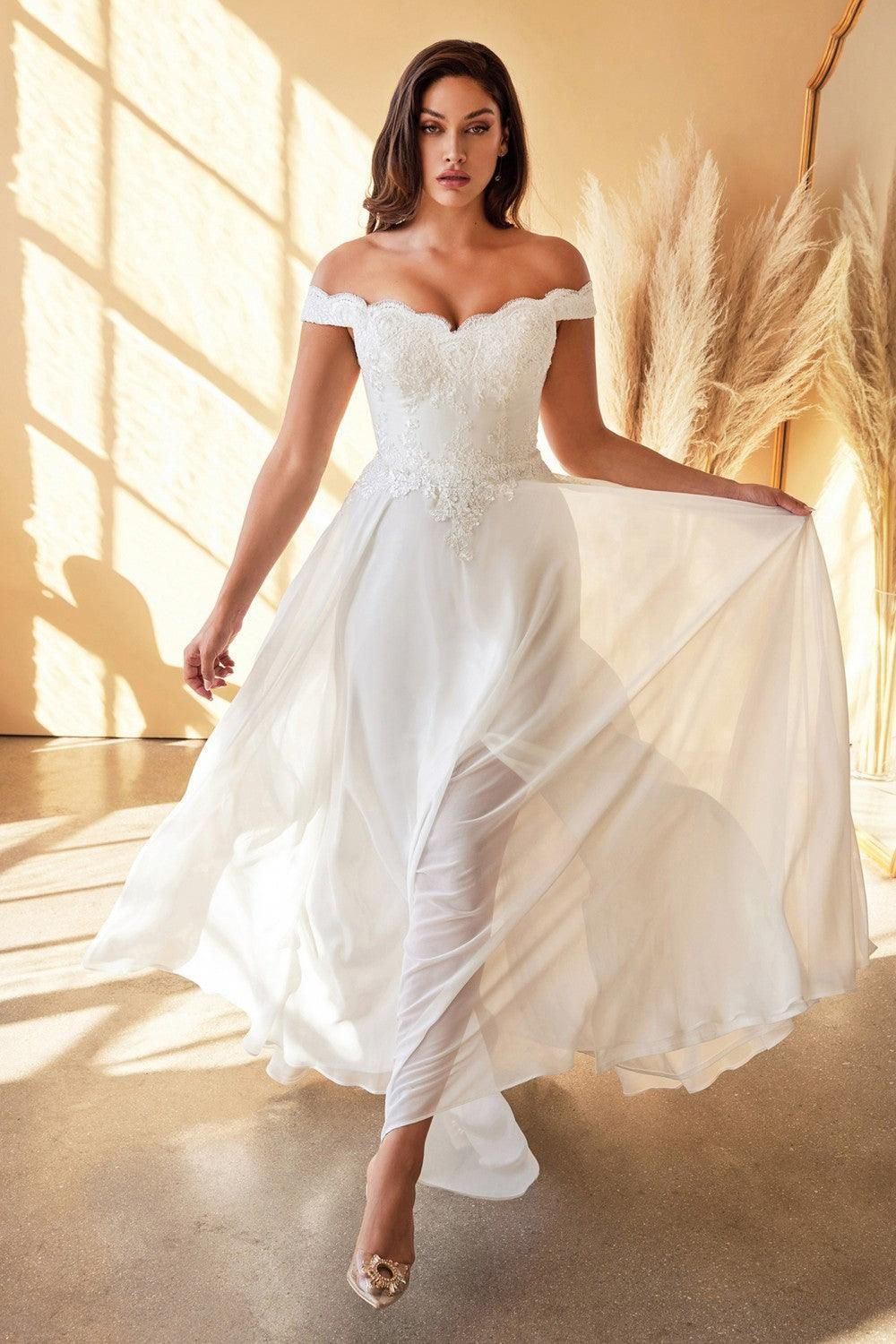 Style CD7258W Cinderella Divine Plus Size 28 Off The Shoulder Lace White A-line Dress on Queenly