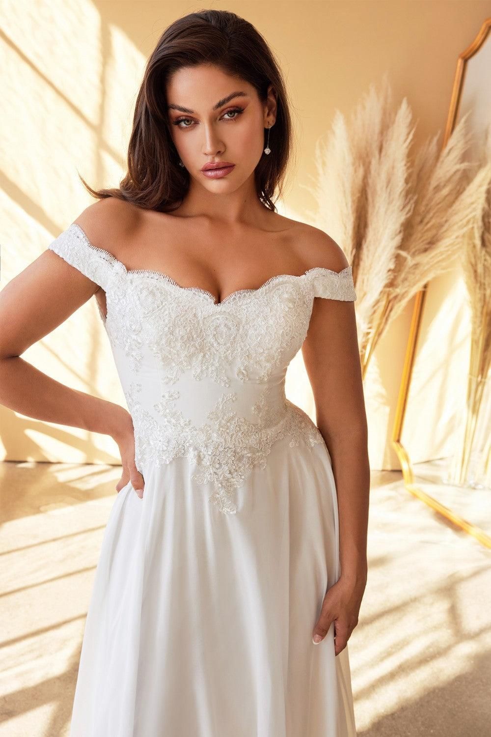 Style CD7258W Cinderella Divine Plus Size 28 Off The Shoulder Lace White A-line Dress on Queenly