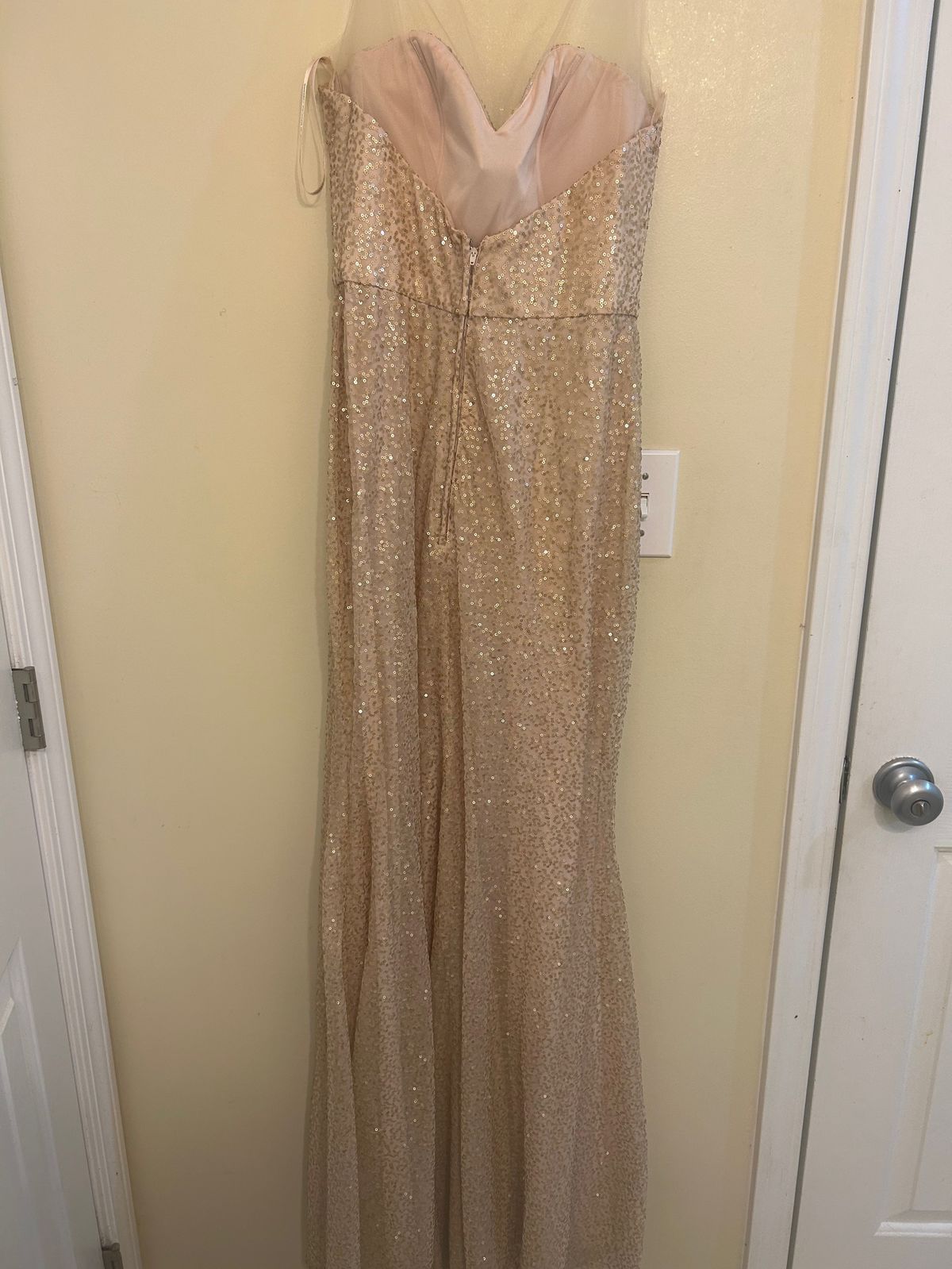 Style 21560 MoriLee Size 8 Prom Sheer Gold A-line Dress on Queenly