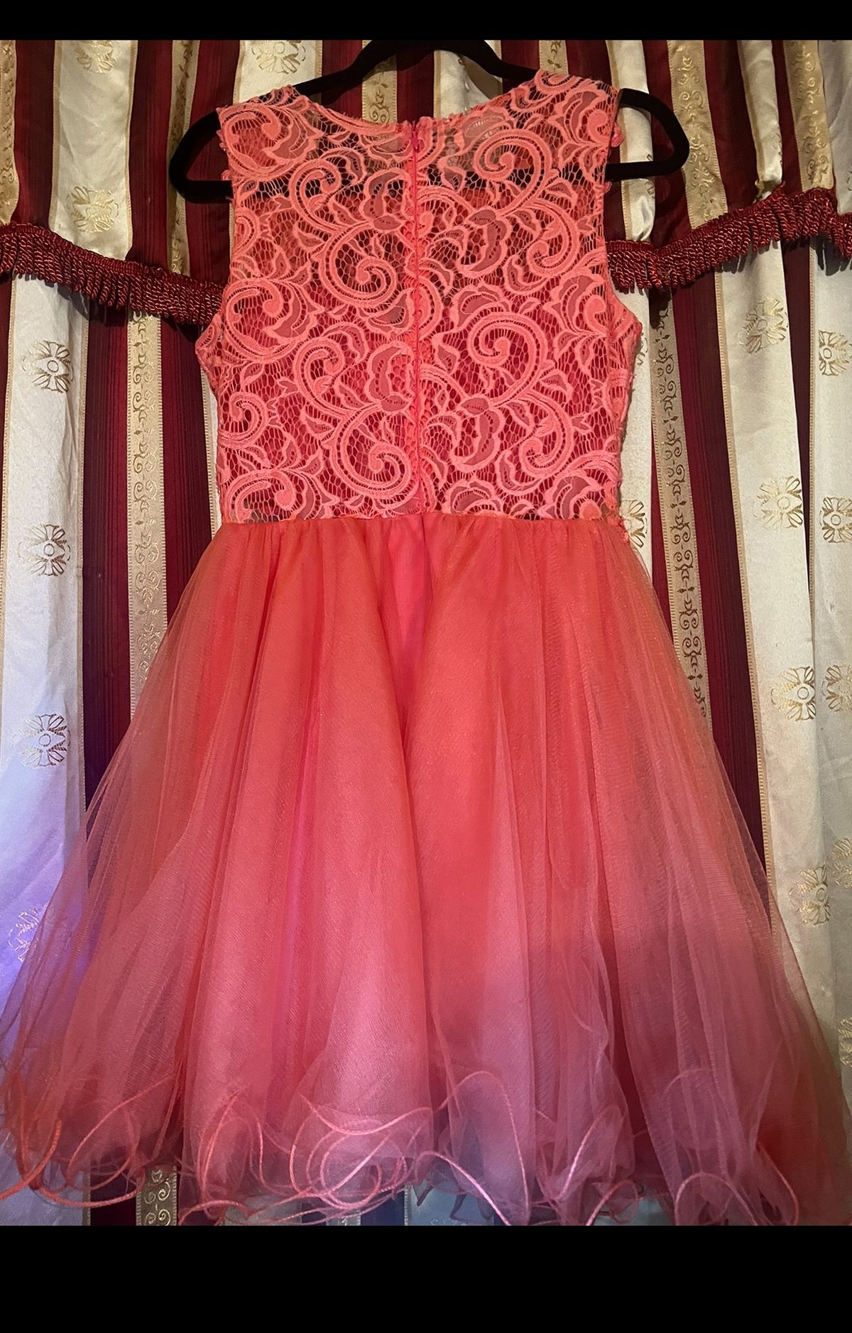 Style 9080 Dancing Queen Size M Homecoming Lace Coral Ball Gown on Queenly