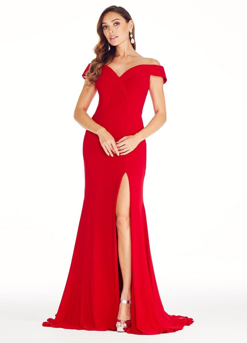 Style 1316 Ashley Lauren Size 6 Prom Off The Shoulder Red Side Slit Dress on Queenly