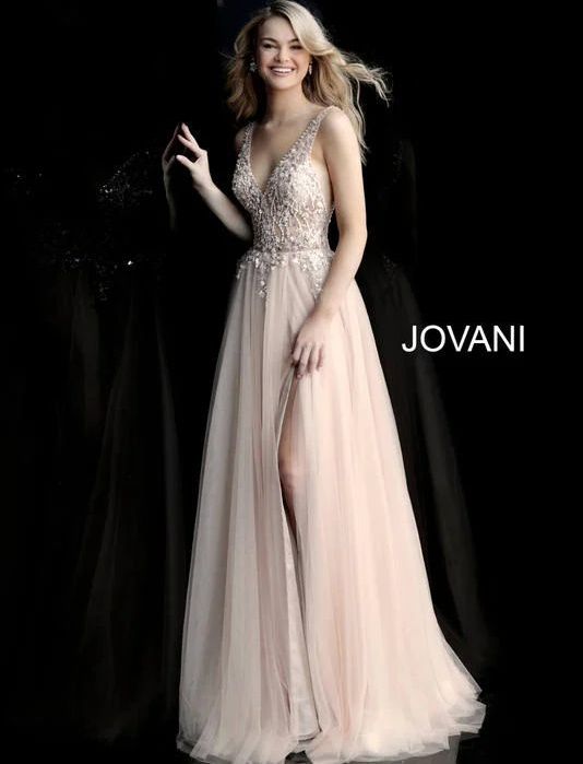 Style  65324 Jovani Size 6 Prom Sequined Nude A-line Dress on Queenly