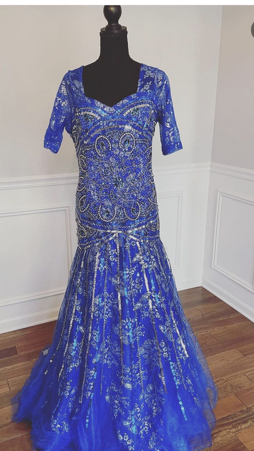 Plus Size 16 Prom Cap Sleeve Lace Blue Mermaid Dress on Queenly
