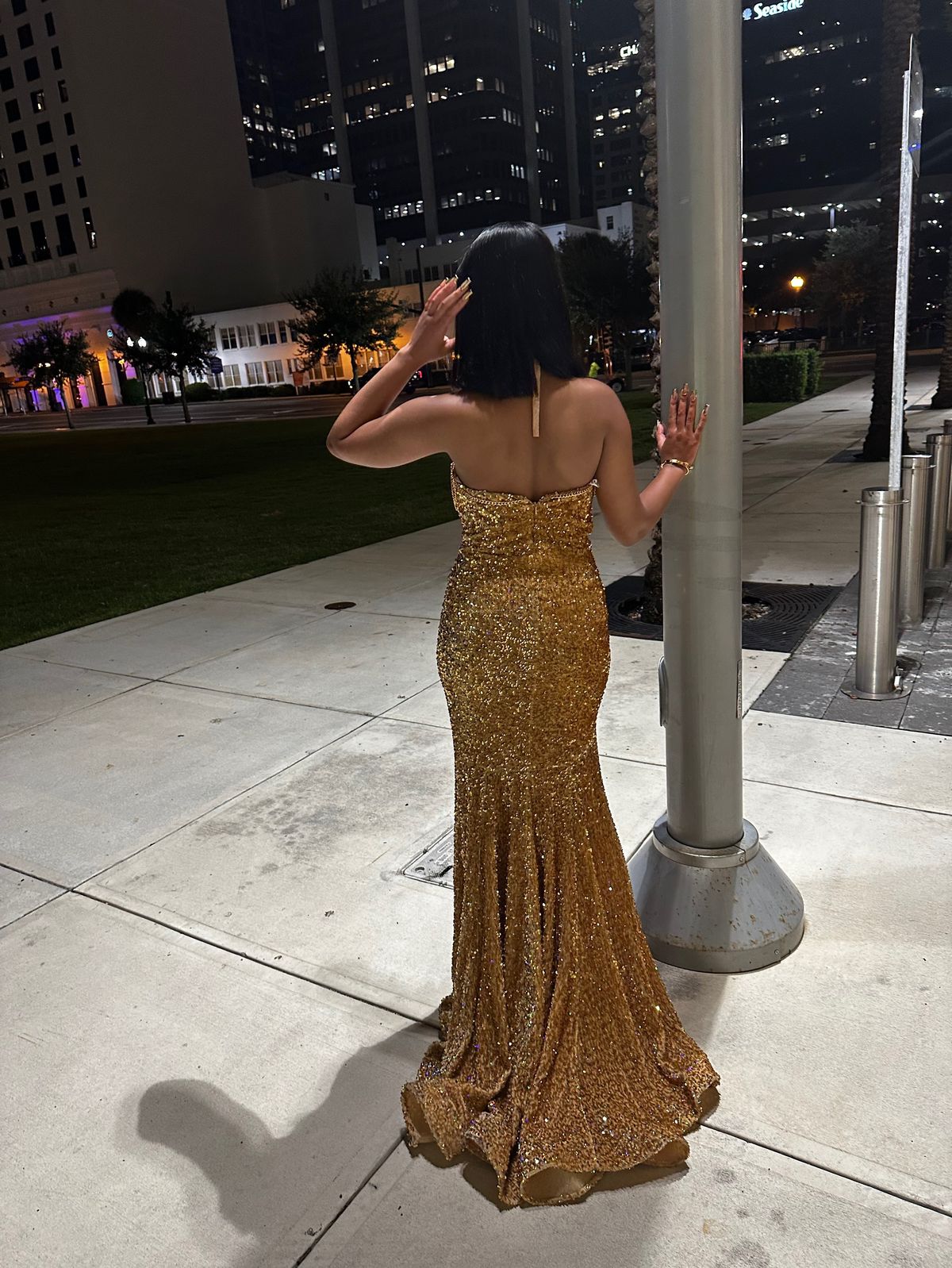 Style PS23521 Portia and Scarlett Size 6 Prom Strapless Gold Side Slit Dress on Queenly