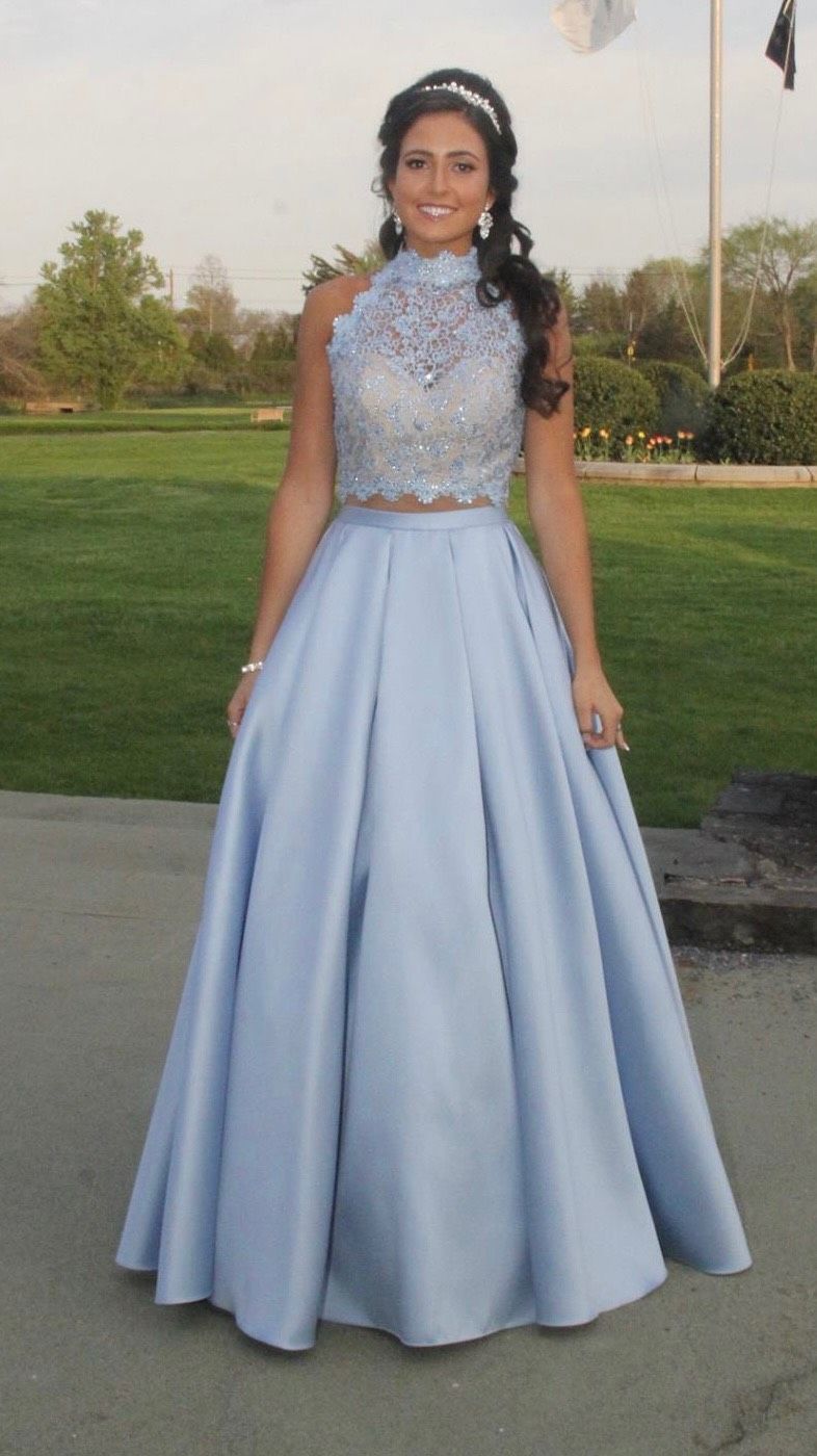 Size 0 Prom High Neck Lace Light Blue Ball Gown on Queenly