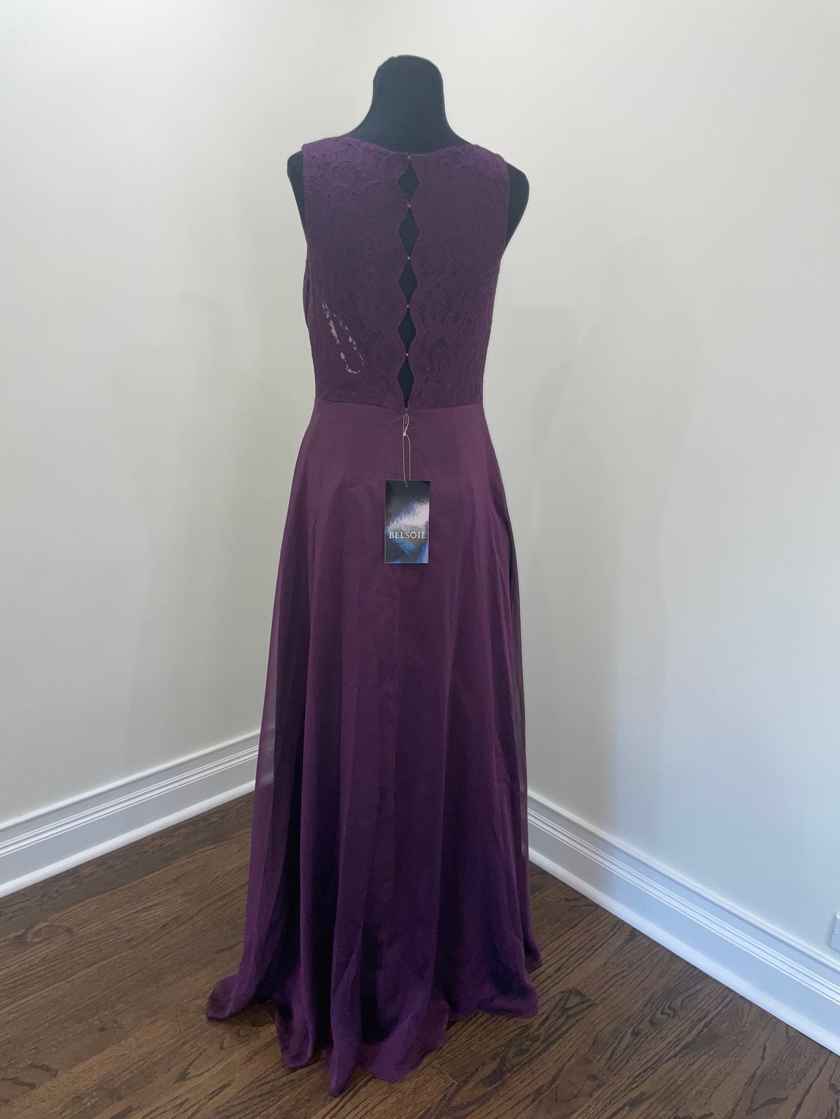 Style L184016 Jasmine Belsoie Size 12 Bridesmaid Plunge Lace Purple A-line Dress on Queenly