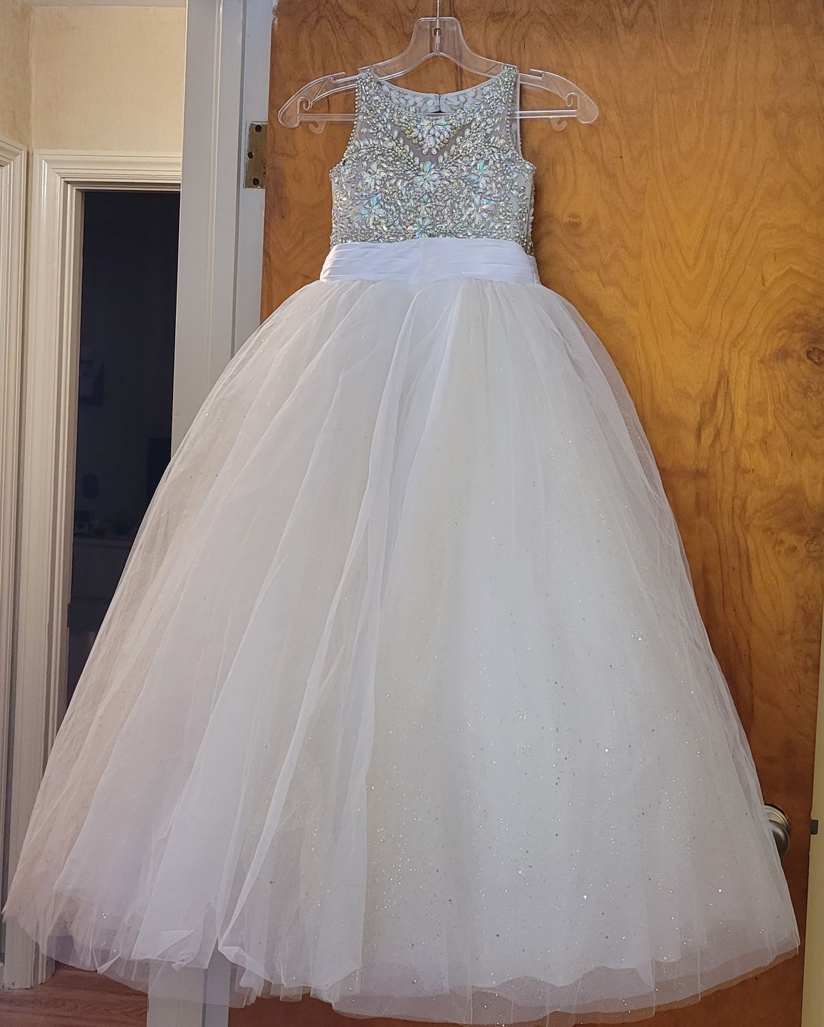 Tiffany Designs Size 6 Pageant Cap Sleeve Sequined White Ball Gown on Queenly